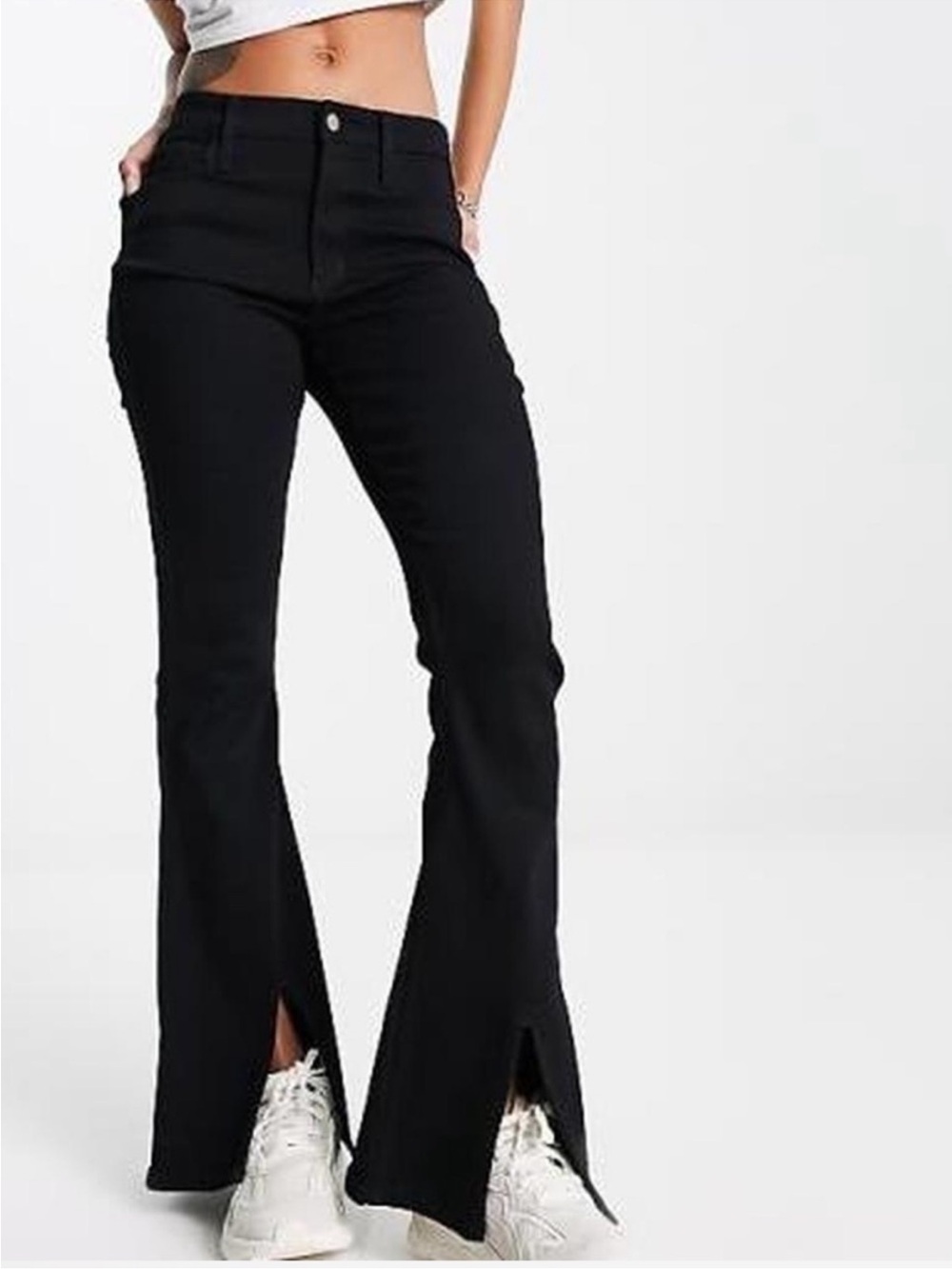 Hollister High Rise Flare Jeans Black Front Slit Soft Stretch Women’s W33 L31